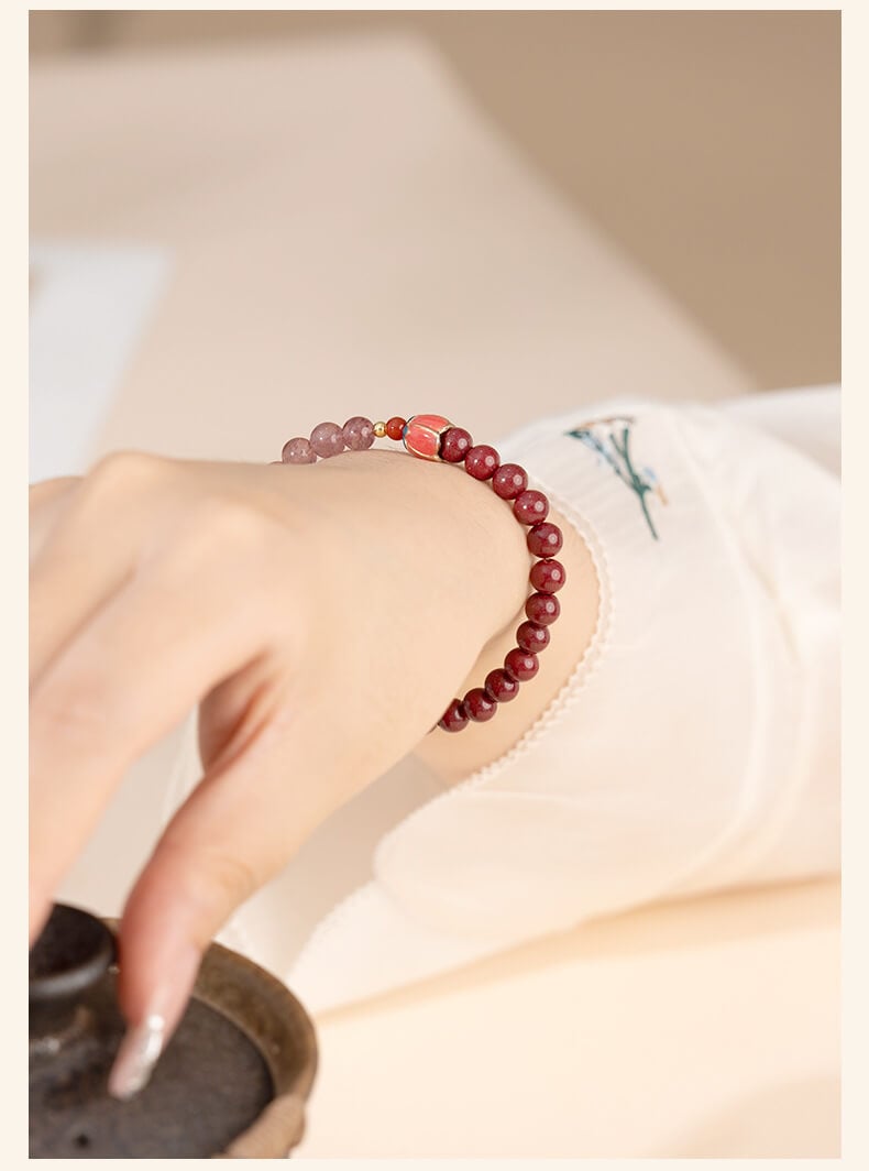 《Happy Flowers Bloom》 Natural Cinnabar Peach Blossom Strawberry Crystal Beaded Bracelet