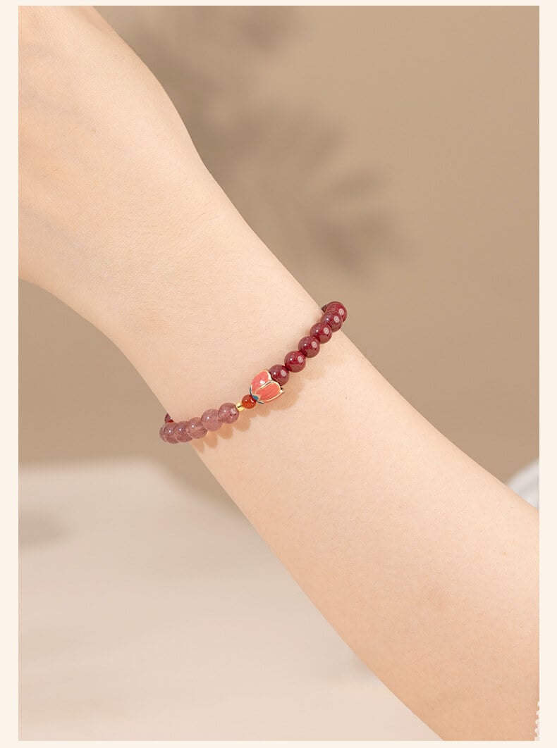 《Happy Flowers Bloom》 Natural Cinnabar Peach Blossom Strawberry Crystal Beaded Bracelet