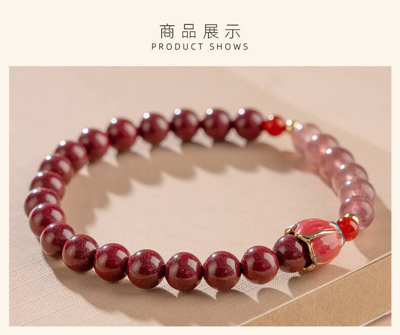 《Happy Flowers Bloom》 Natural Cinnabar Peach Blossom Strawberry Crystal Beaded Bracelet