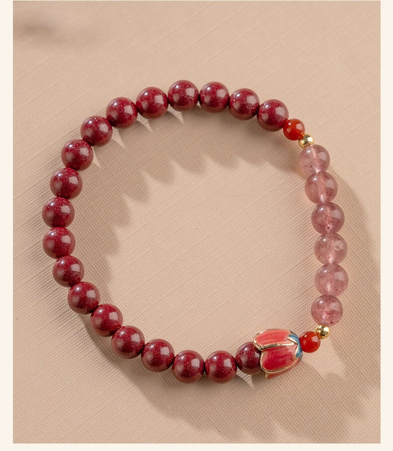 《Happy Flowers Bloom》 Natural Cinnabar Peach Blossom Strawberry Crystal Beaded Bracelet