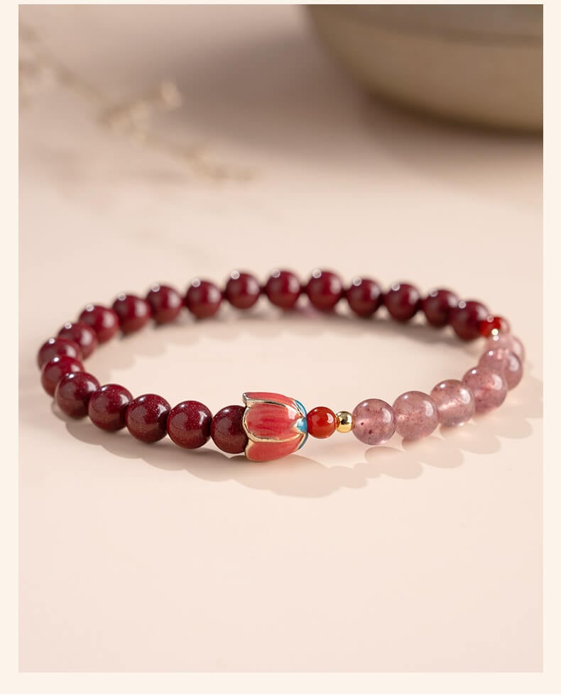 《Happy Flowers Bloom》 Natural Cinnabar Peach Blossom Strawberry Crystal Beaded Bracelet