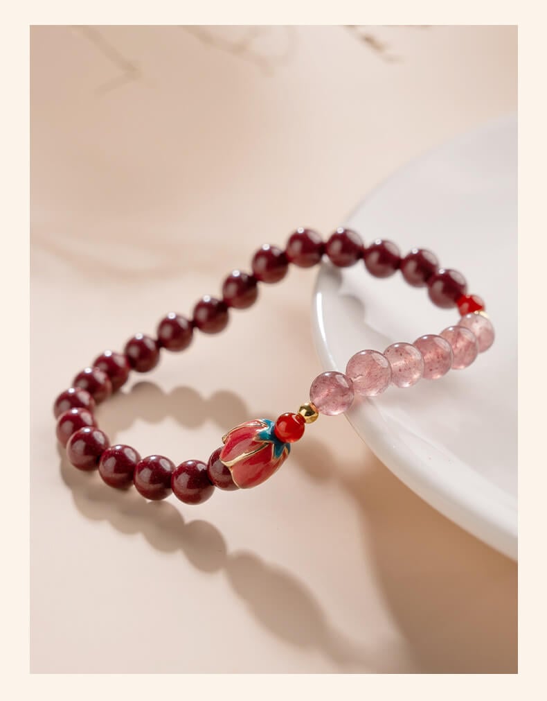 《Happy Flowers Bloom》 Natural Cinnabar Peach Blossom Strawberry Crystal Beaded Bracelet