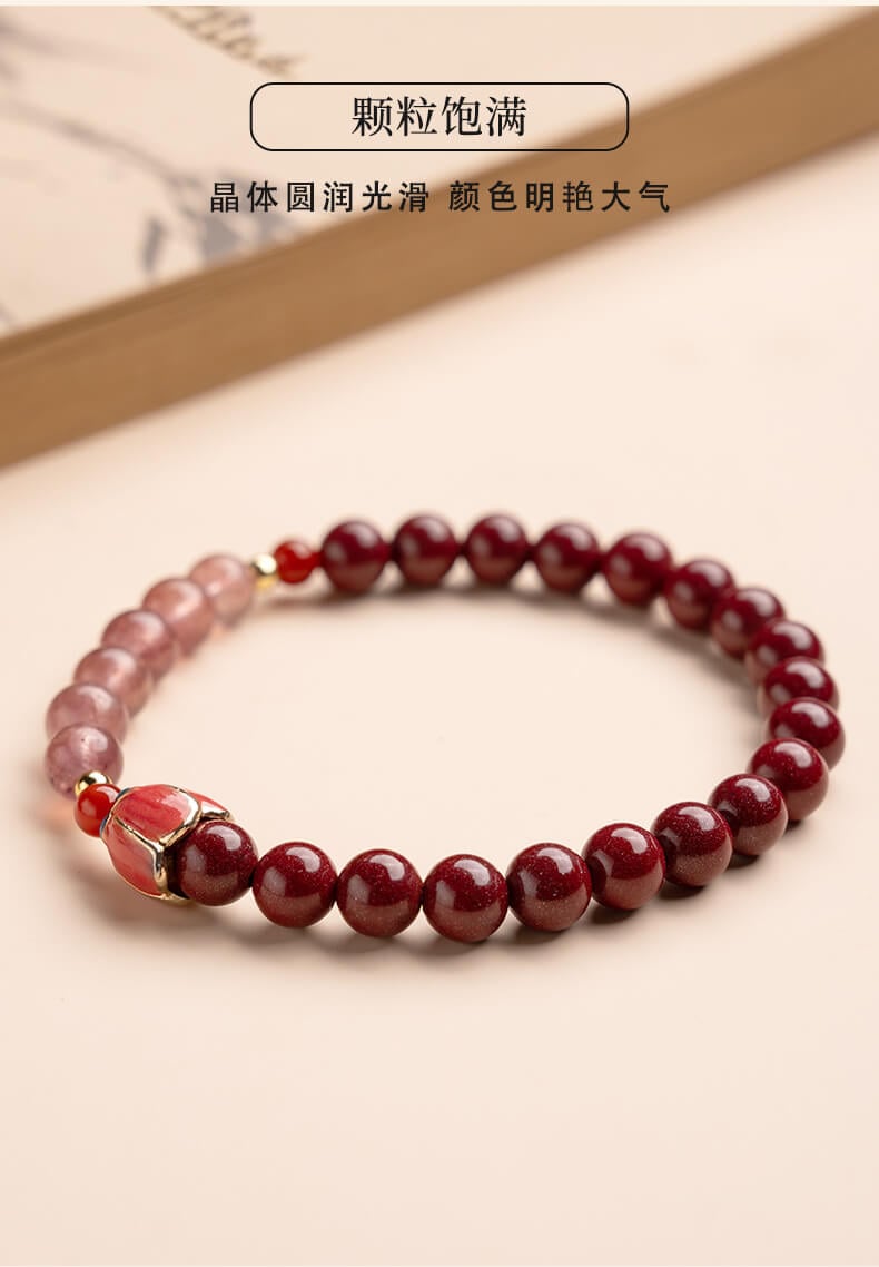 《Happy Flowers Bloom》 Natural Cinnabar Peach Blossom Strawberry Crystal Beaded Bracelet