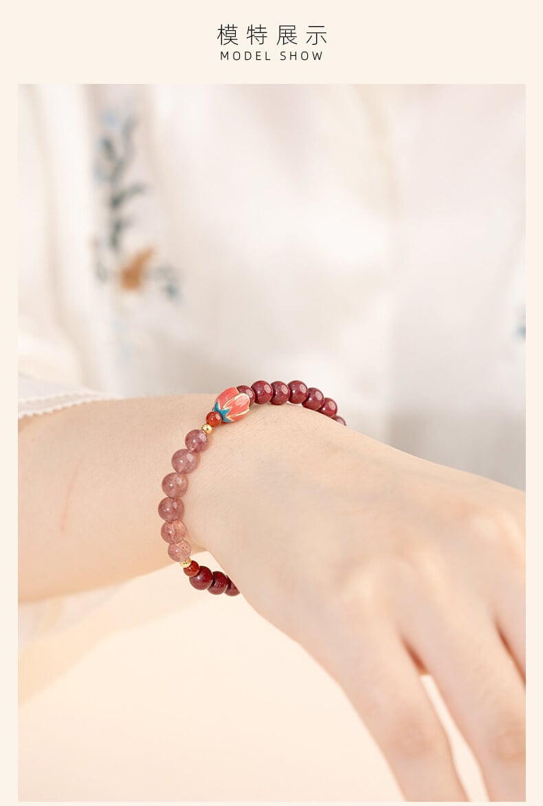 《Happy Flowers Bloom》 Natural Cinnabar Peach Blossom Strawberry Crystal Beaded Bracelet