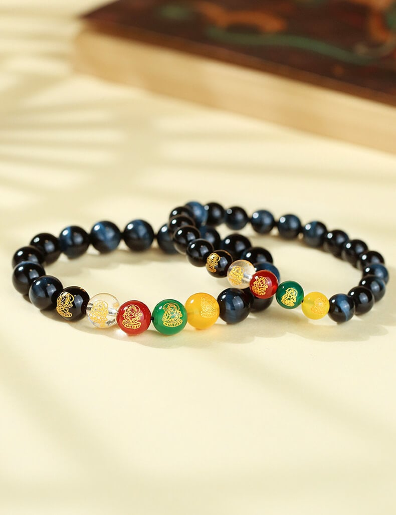 《Five-Way God of Wealth》 Blue Tiger Eye Stone Zodiac Year Bracelet