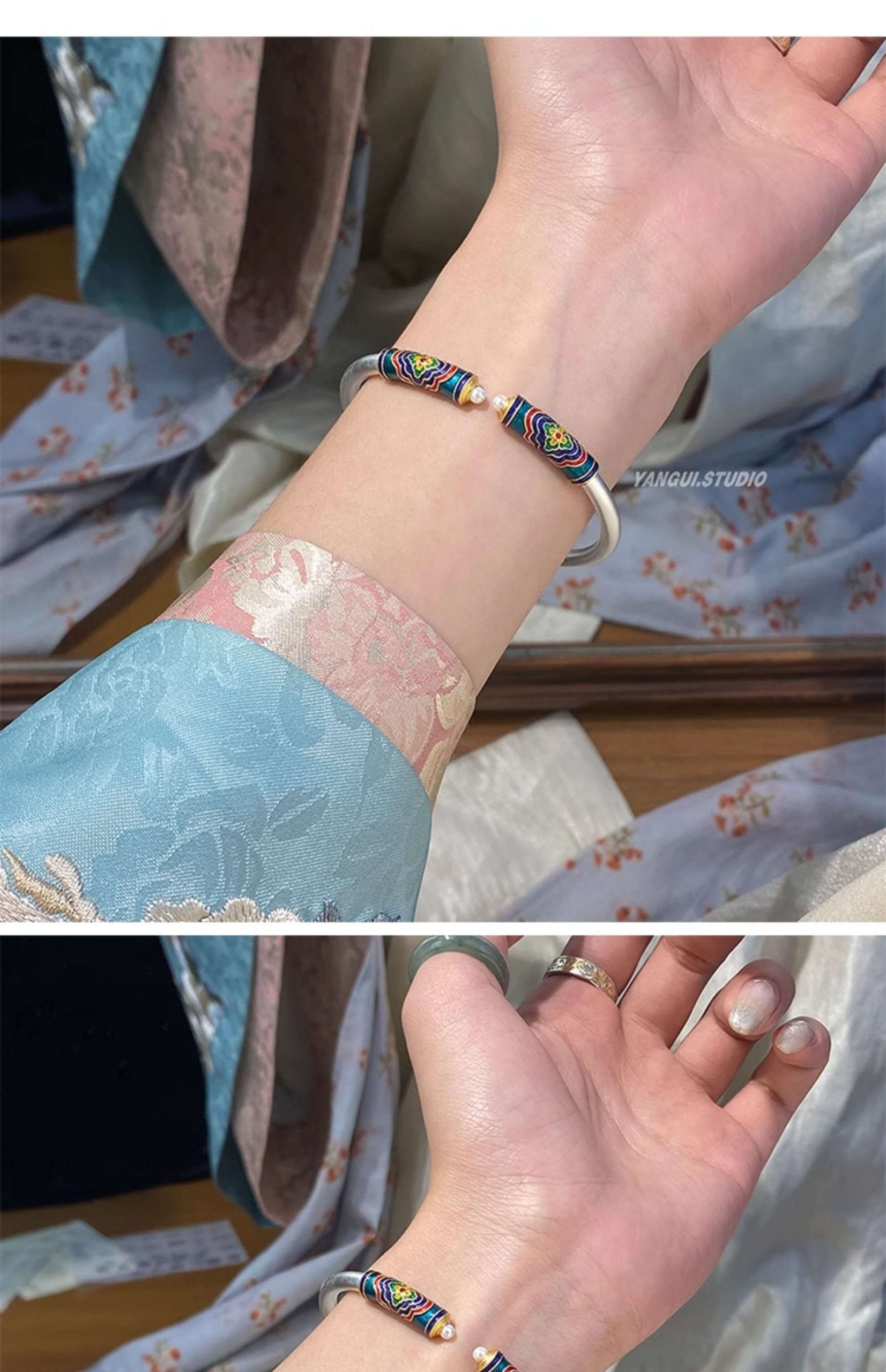 《Jin Qing》 999 silver Chinese style hand-painted gold new Chinese style bracelet