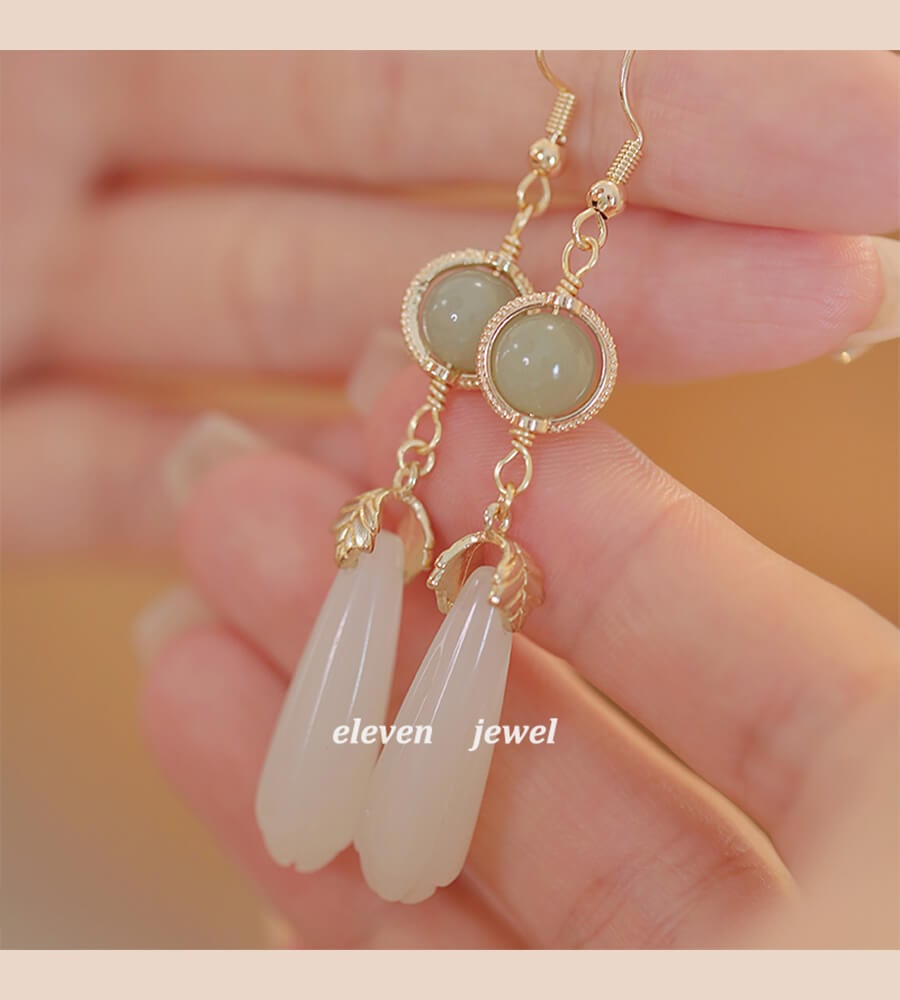 《Tinglan》 new Chinese style Hetian jade water drop ancient style earrings