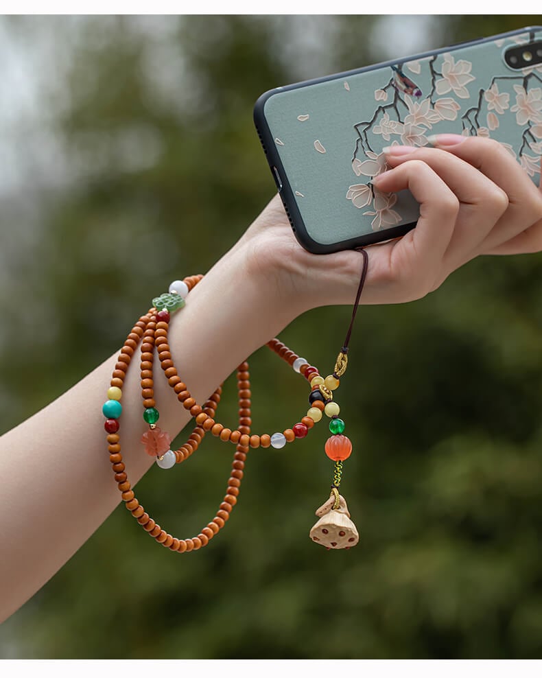 Listen to the rain and enter the load ~ Olive stone lotus hanging neck long mobile phone chain