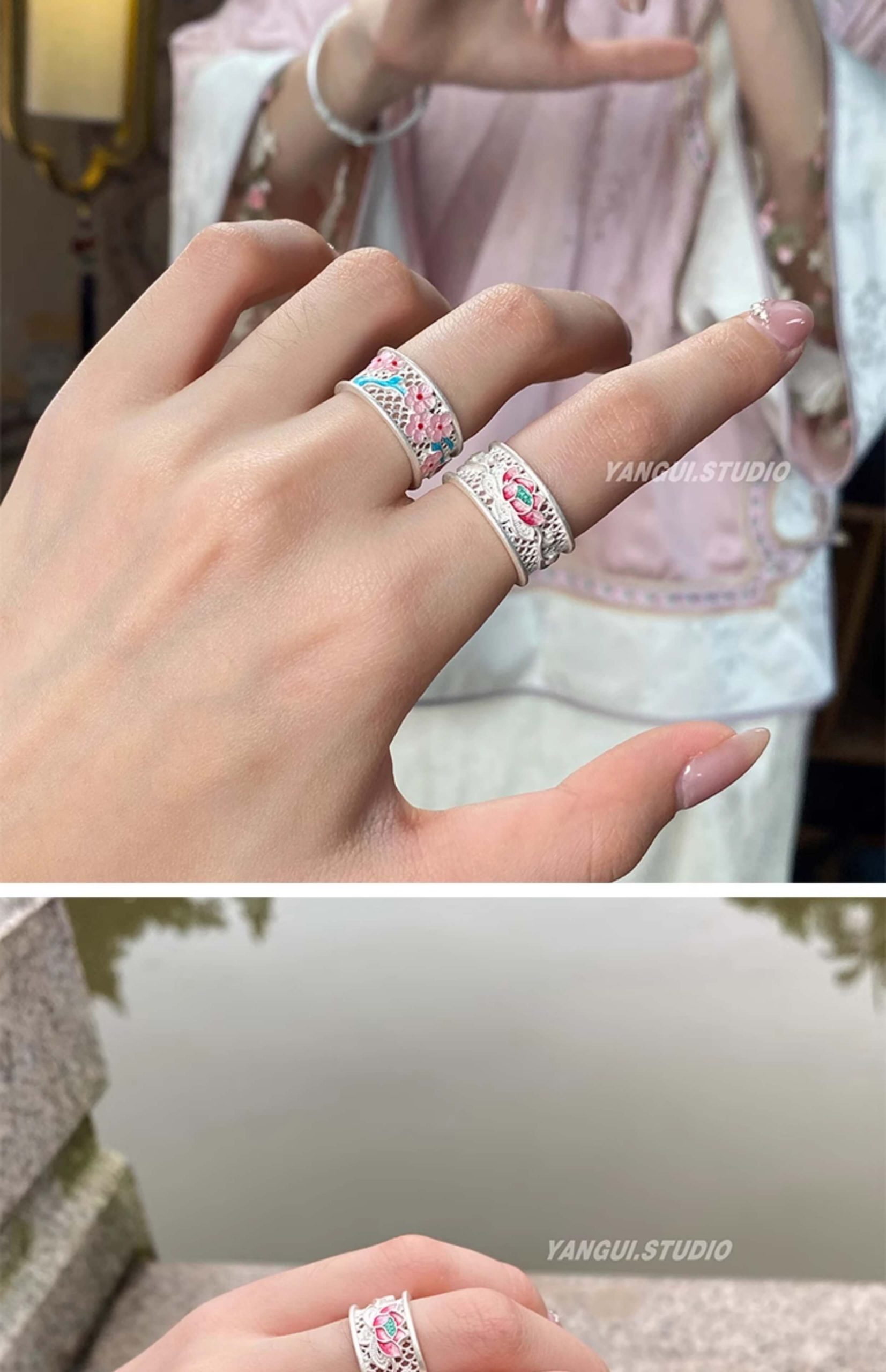 《Butterfly Man》 999 silver Chinese style enamel butterfly peach blossom summer lotus ring