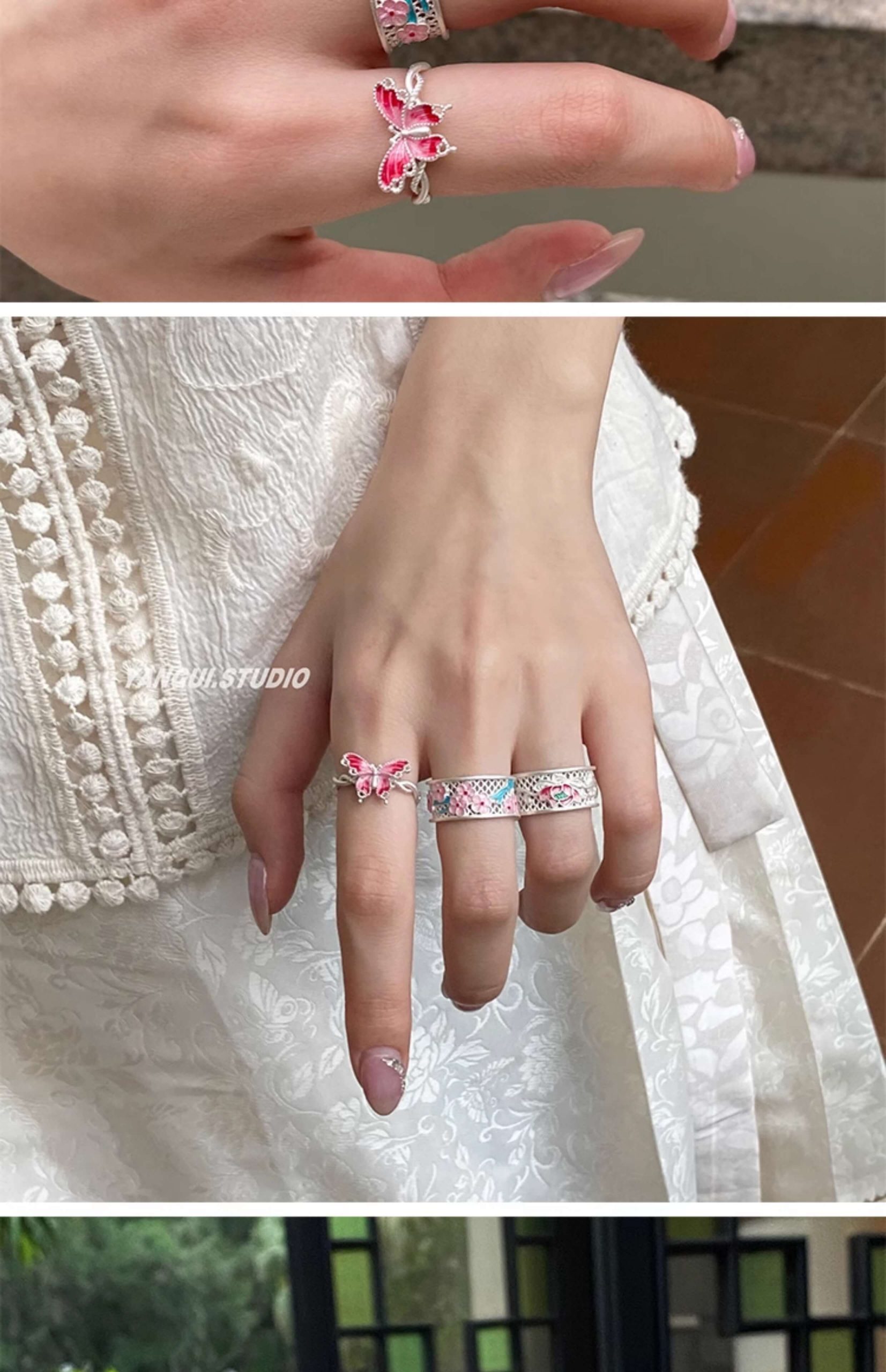 《Butterfly Man》 999 silver Chinese style enamel butterfly peach blossom summer lotus ring