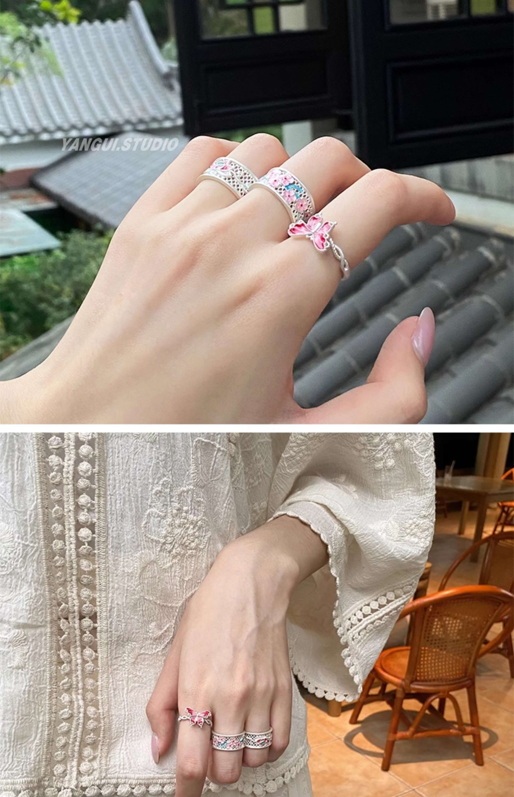 《Butterfly Man》 999 silver Chinese style enamel butterfly peach blossom summer lotus ring