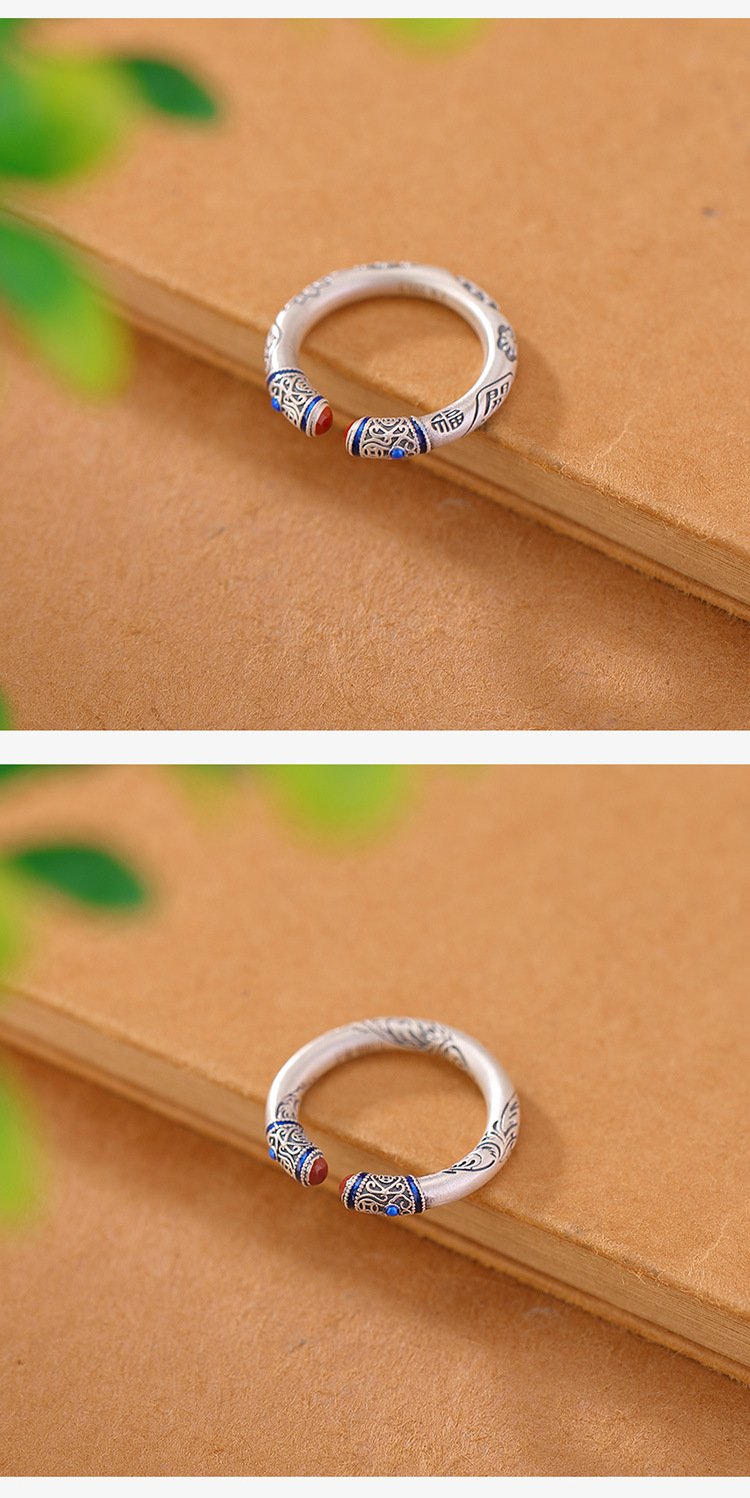 《Happiness》 999 silver national trend retro Tang grass pattern coin happiness ring