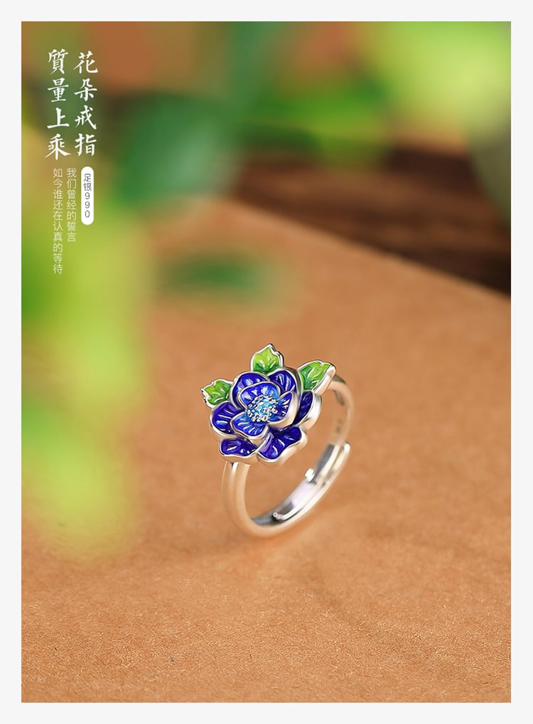 《One Leaf Knows Autumn》 999 silver cloisonné flower and leaf open ring