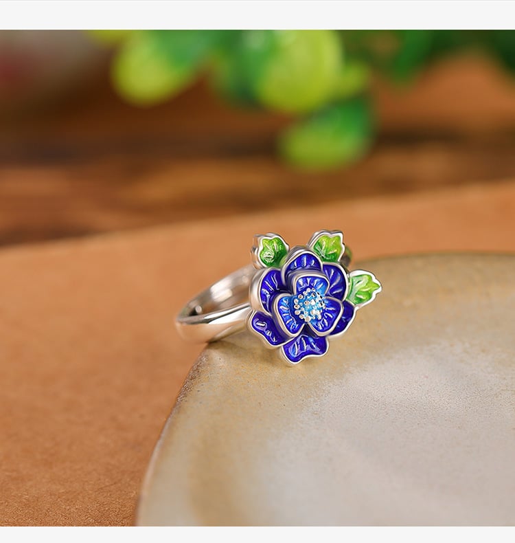 《One Leaf Knows Autumn》 999 silver cloisonné flower and leaf open ring