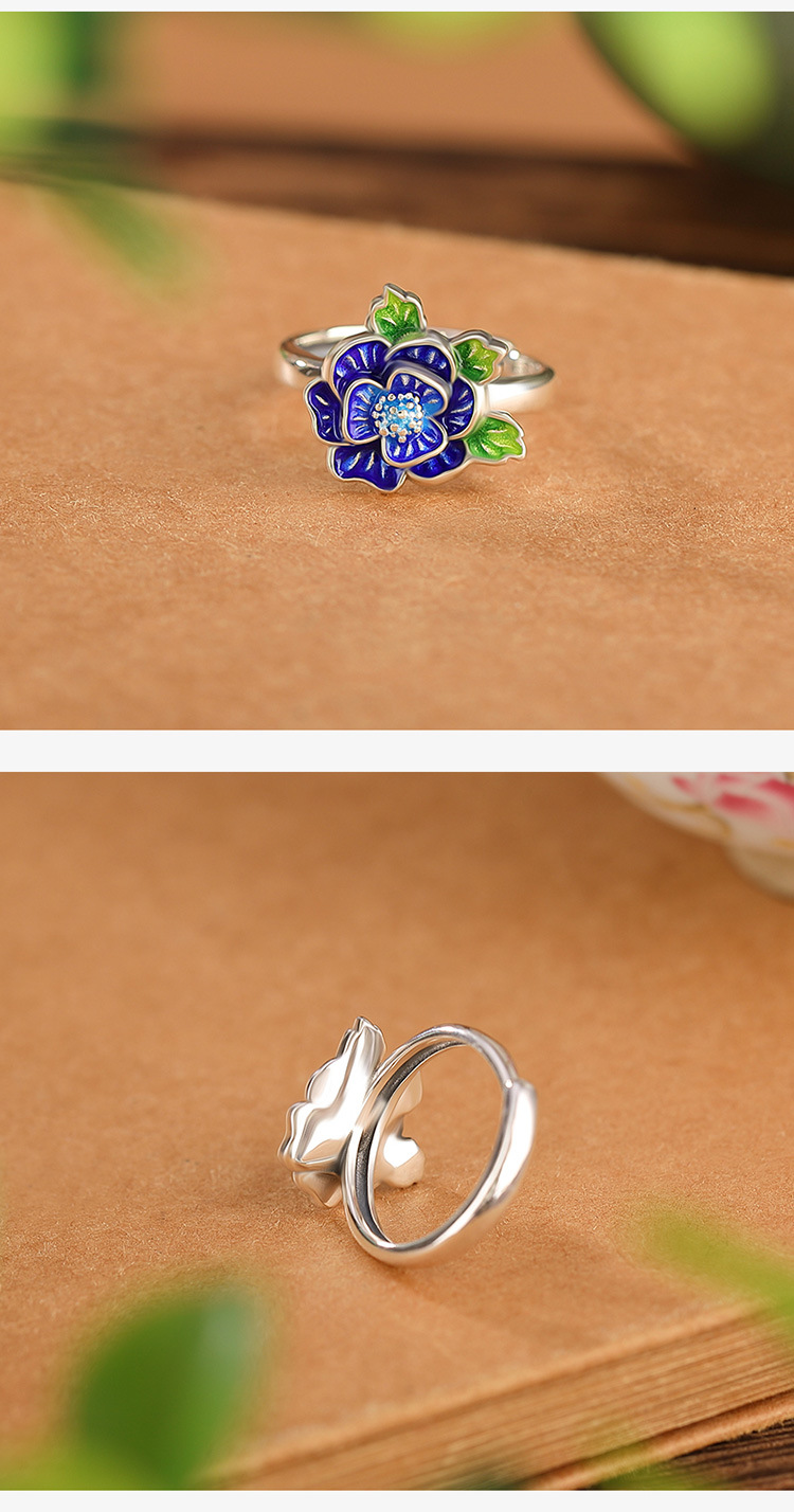 《One Leaf Knows Autumn》 999 silver cloisonné flower and leaf open ring