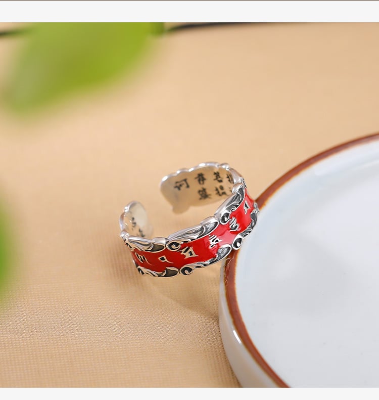 《Six-Word Mantra》 999 Silver Cinnabar Vintage Old Heart Sutra Ring