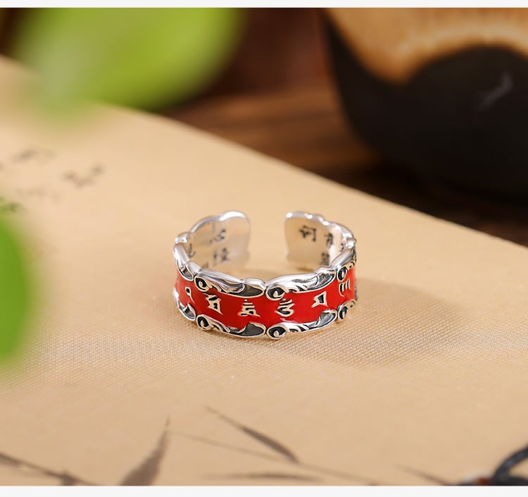 《Six-Word Mantra》 999 Silver Cinnabar Vintage Old Heart Sutra Ring