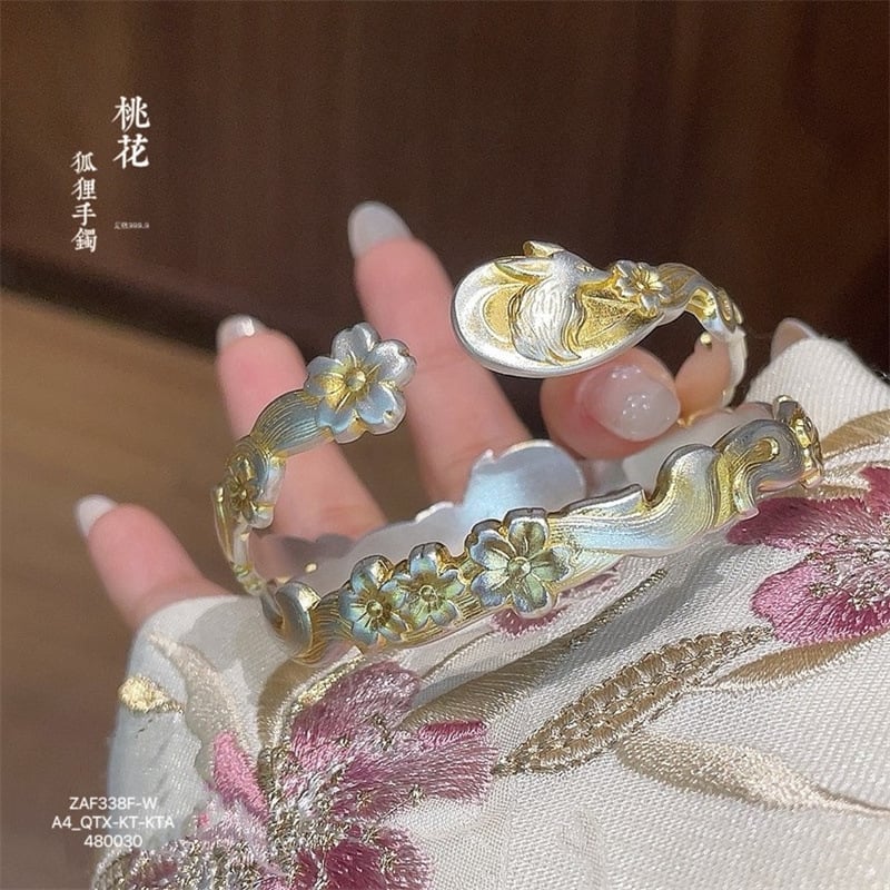 《Peach Blossom Fox》 999 silver irregular retro gold-painted ring bracelet