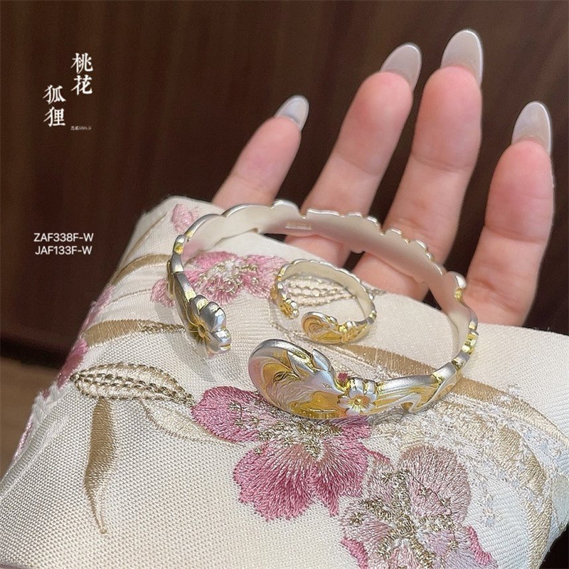 《Peach Blossom Fox》 999 silver irregular retro gold-painted ring bracelet