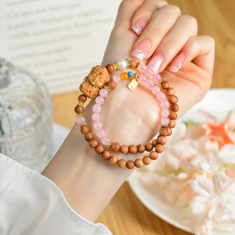 《Lucky》 natural rose quartz sandalwood stitching double circle bracelet