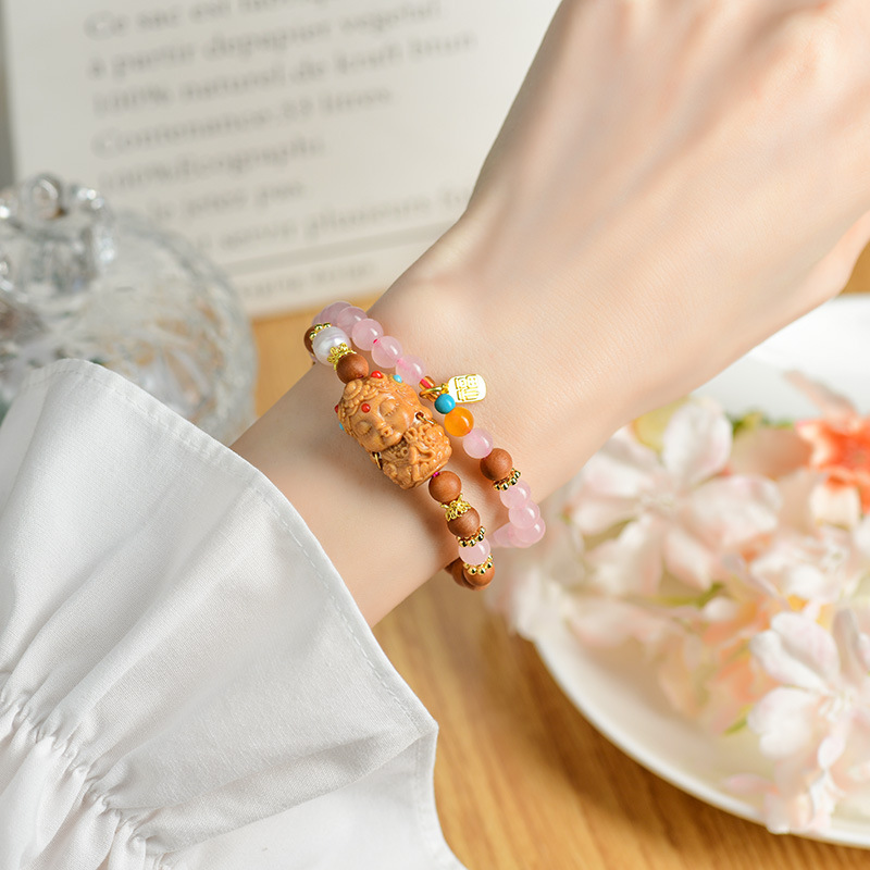 《Lucky》 natural rose quartz sandalwood stitching double circle bracelet