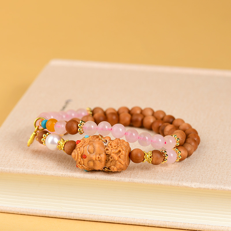 《Lucky》 natural rose quartz sandalwood stitching double circle bracelet