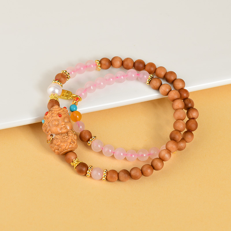 《Lucky》 natural rose quartz sandalwood stitching double circle bracelet