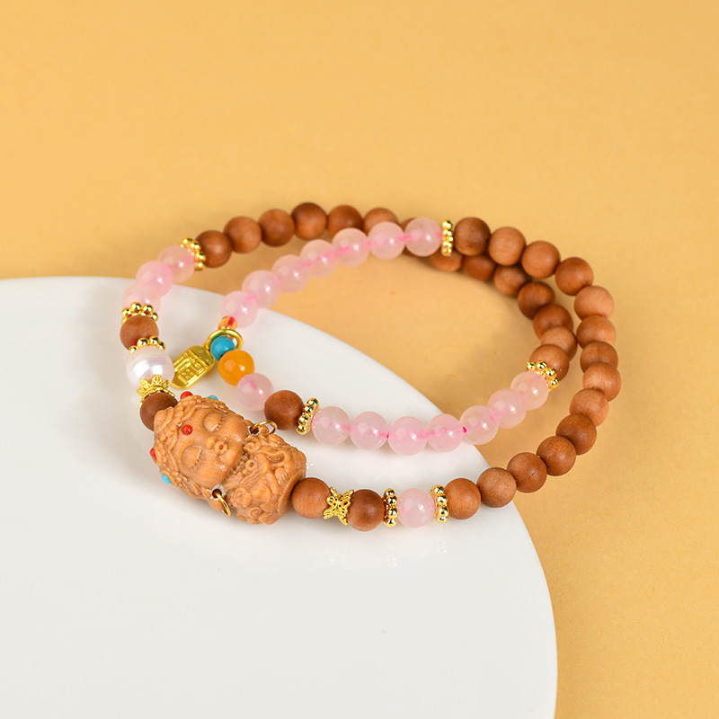 《Lucky》 natural rose quartz sandalwood stitching double circle bracelet