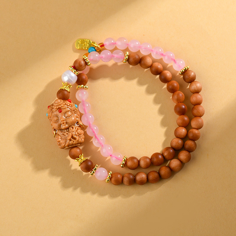 《Lucky》 natural rose quartz sandalwood stitching double circle bracelet