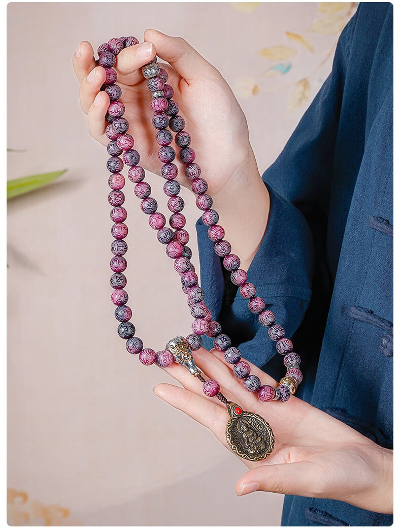 Six-character mantra ~ purple grape bodhi bracelet carved rosary