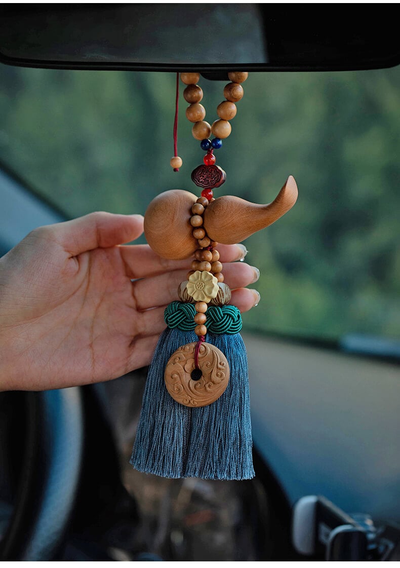 Ping An Gourd ~ Happy Tassel Peach Wood Car Pendant