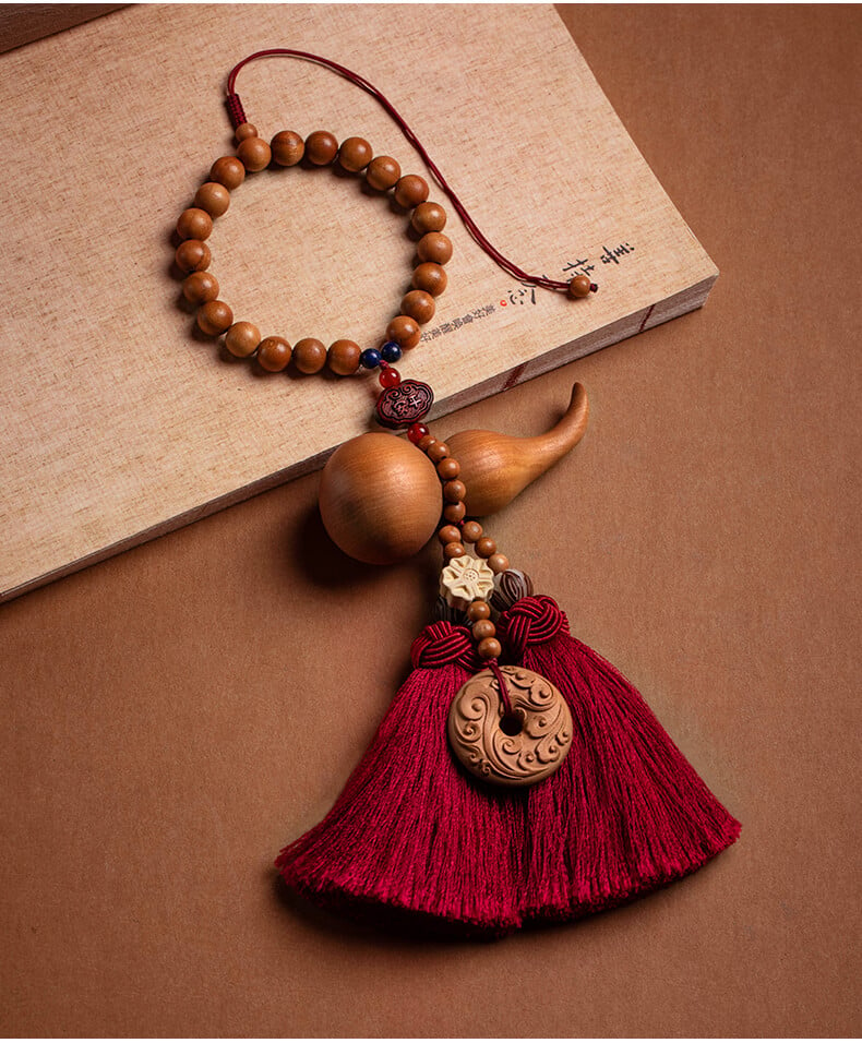 Ping An Gourd ~ Happy Tassel Peach Wood Car Pendant