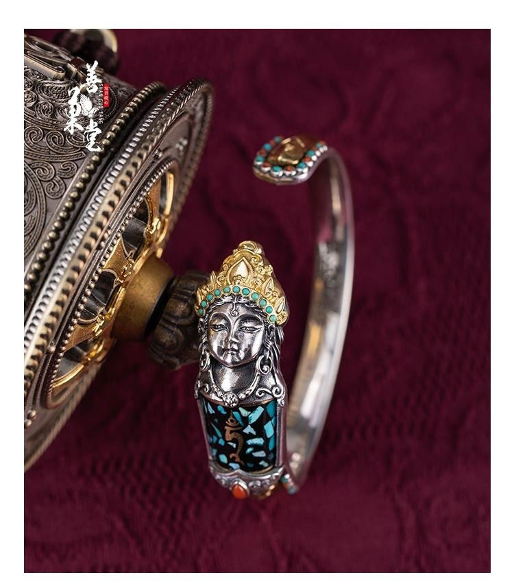 《Made in Tibet~Green Tara》 S925 Silver Green Tara Tibetan Style Bracelet