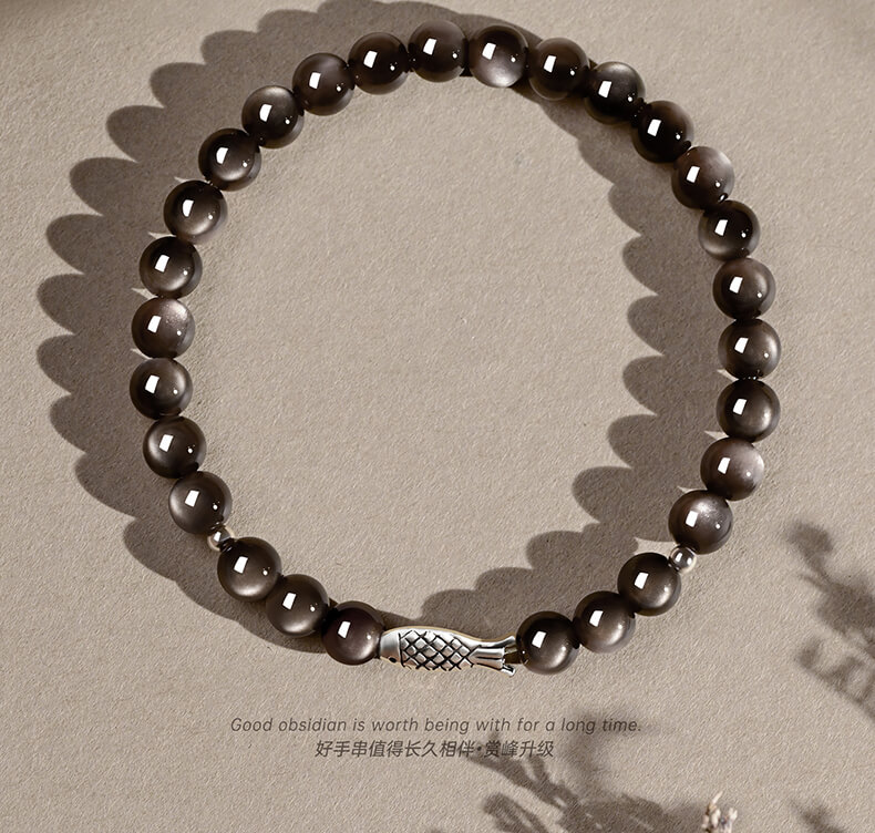 《Good Luck Koi》 Natural Obsidian Good Luck Landing Bracelet