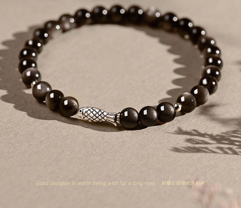 《Good Luck Koi》 Natural Obsidian Good Luck Landing Bracelet